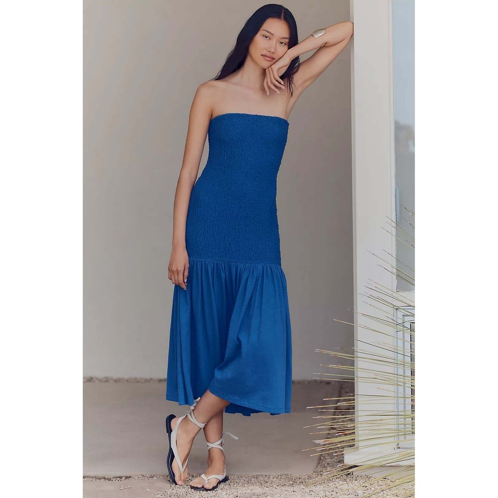 Anthropologie NWT Celadine Strapless Popcorn Midi Dress Smocked Blue Size‎ Small